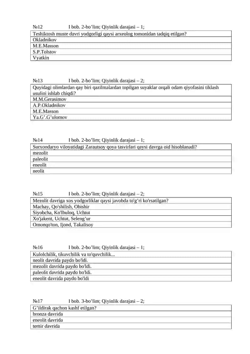 O'zbekiston tarixi fanidan 2-kurs tarix yo'nalishi 1-2- semestrlar test savollari 3