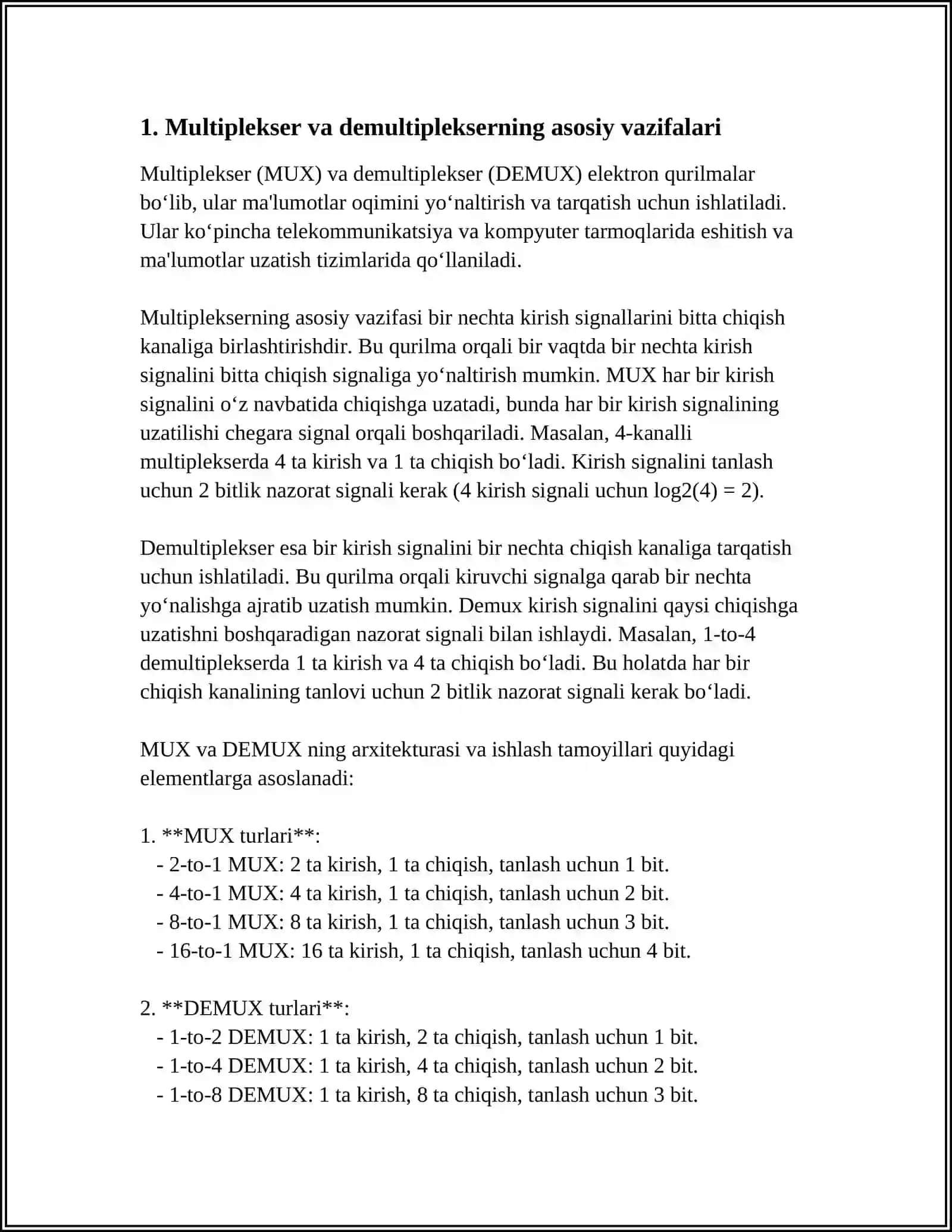 MULTIPLEXER VA DEMULTIPLEXERLARNING KOMPYUTER ARXITEKTURASIDAGI ROLI 3