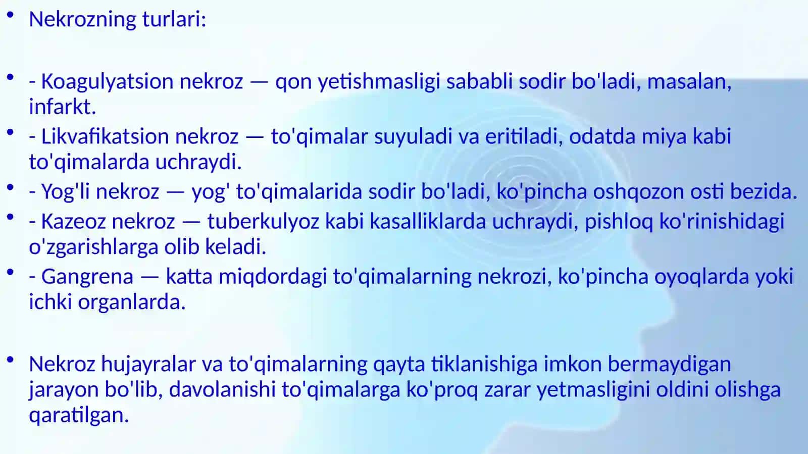 Nekroz. Apoptoz. Nukleoproteidlar, minerallar almashinuvining buzilishining morfologiyasi. Tish karashlari, kutikula, tish blyashkasining pellikulasi, emal va milkning hamda tish toshlarining patomorfologiyasi. Solak tosh kasalligi. Tish emalining kislotali nekrozi 3