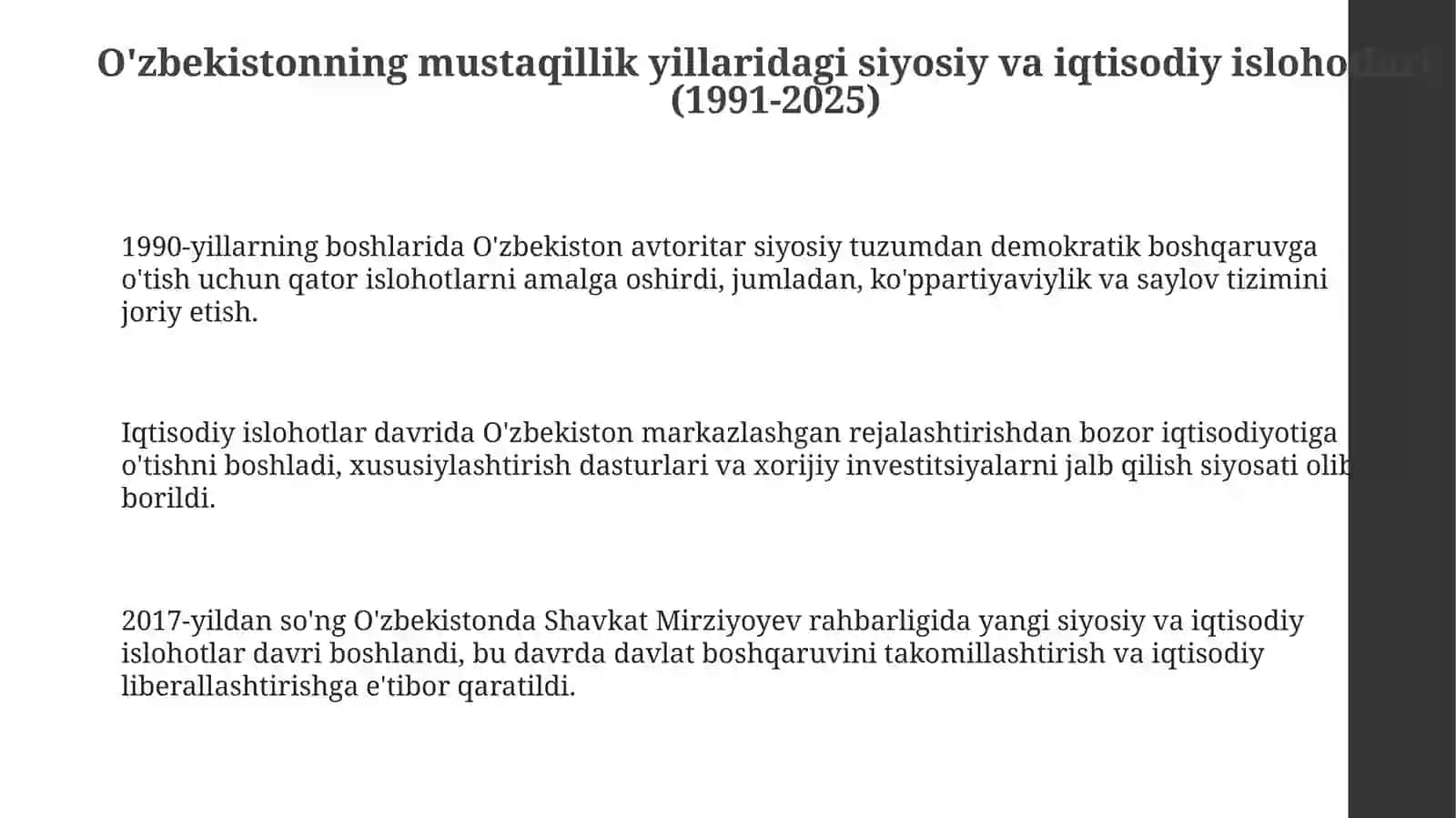 O'zbekistonning mustaqillik yillaridagi siyosiy va iqtisodiy islohotlari (1991-2025) 3