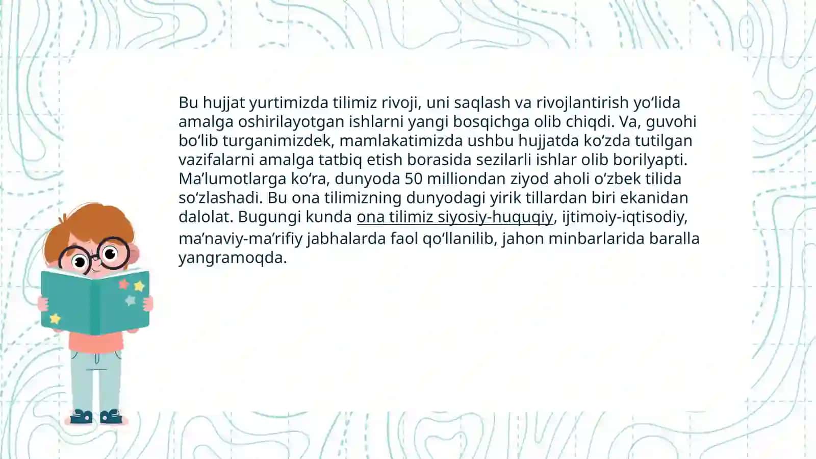 O‘zbek tilining davlat tili sifatidagi nufuzi va mavqeyini tubdan oshirish chora-tadbirlari 3