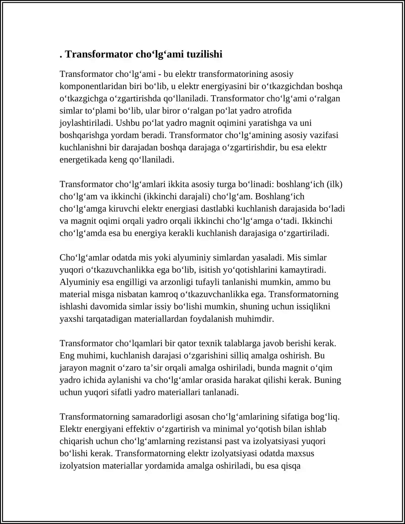 TRANSFORMATOR CHOʻLGʻAMIDAGI AKTIV QARSHILIK ISTOFI MAVZUSIDA 3 LIST NAZARIY VA 2 LIST MASALA YECHISH NAMUNASIDAN IBORAT MUSTAQIL ISH 3
