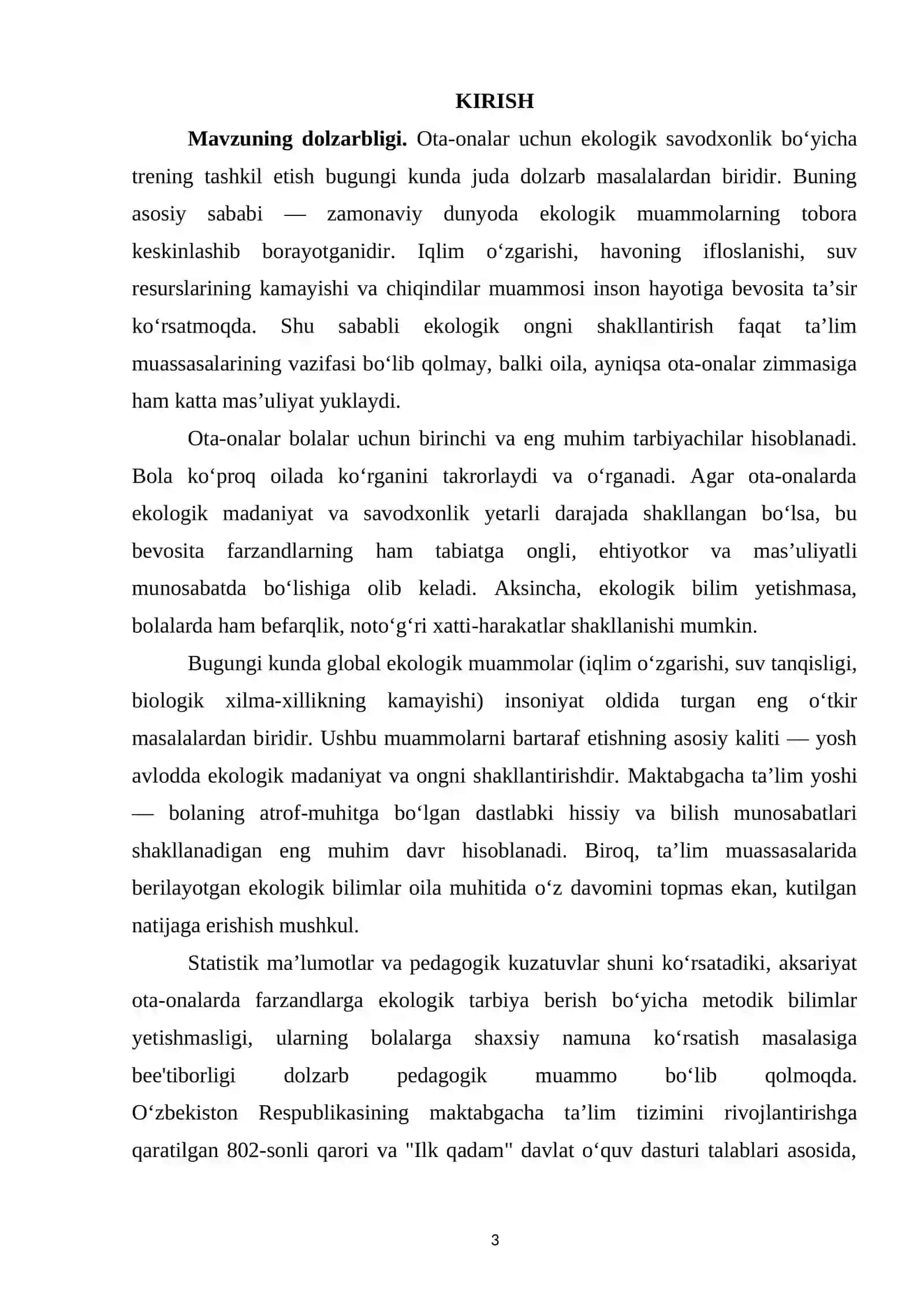 Ota – onalar uchun ekalogik savodxonlik bo’yicha trening ishlanmasi 3