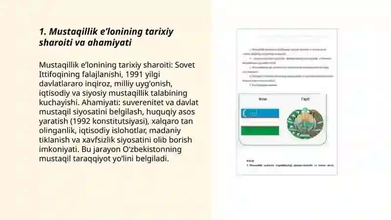 Mustaqil Oʻzbekiston Respiblikasi Tashkil Topishining Tarixiy Axamiyati 3
