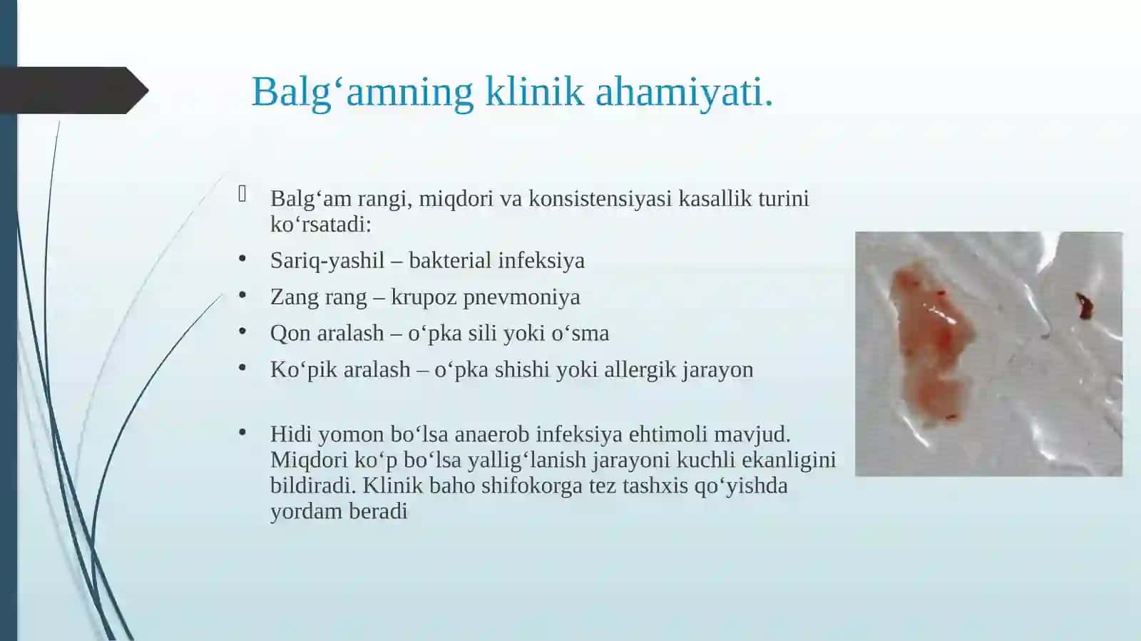 Nafas a'zolari kasalliklaridagi balg'am va plevra suyuqligini labarator tekshiruv natijalarini interpretatsiyasi 3