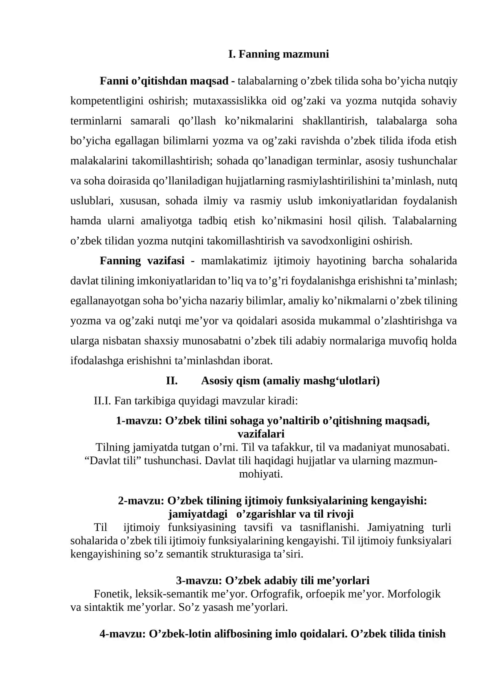 O‘ZBEK TILINING SOHADA QO’LLANISHI fanidan ISHCHI O‘QUV DASTURI 3