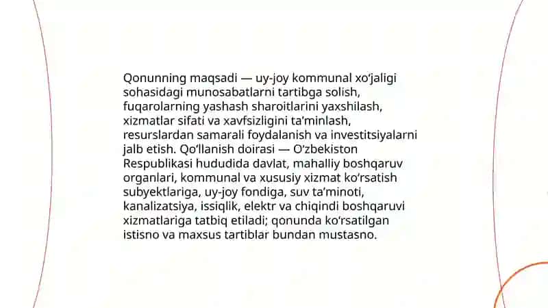 Oʻzbekiston Respublikasining uy-joy kommunal xoʻjaligi sohasini tartibga soluvchi asosiy qonun 3