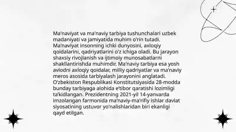 Erkin inson shaxsini yuksaltirish - ma’naviy tarbiyaning maqsadi. Ma’naviy tarbiya yo‘nalishlari 3