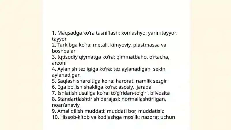 Materiallar zahiralarini turkumlash va hisobning vazifalari 3