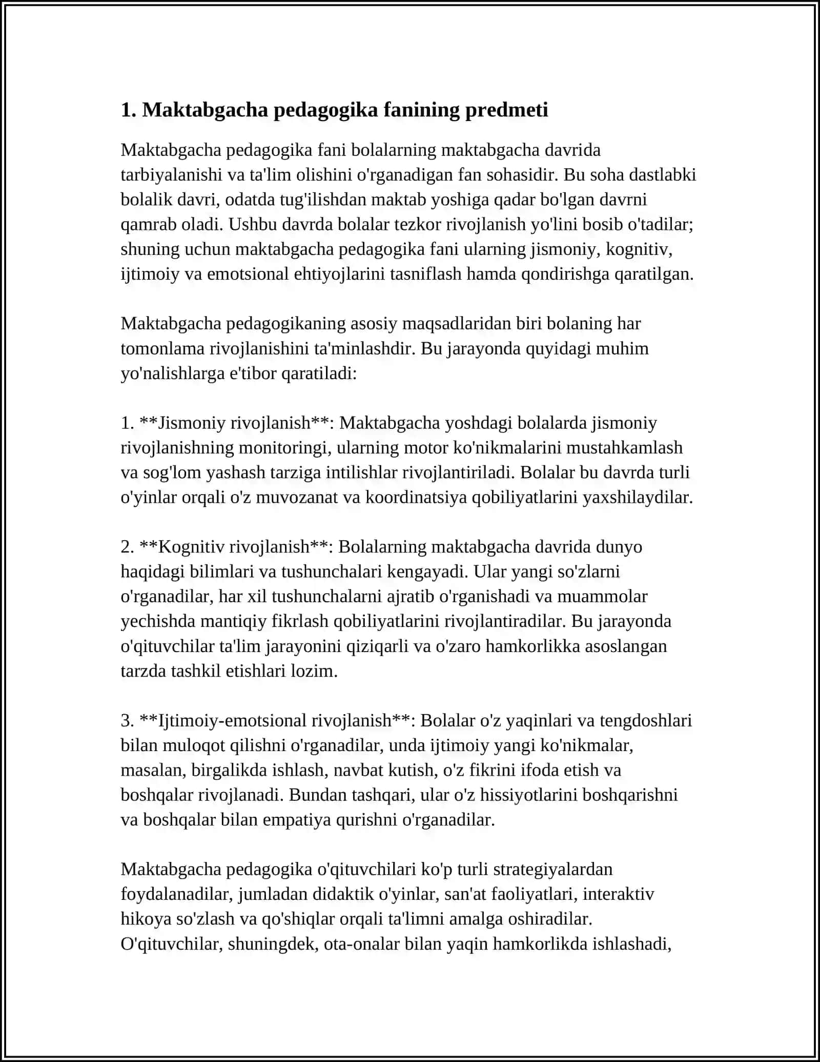 MUSTAQIL ISH Mavzu: MAKTABGACHA PEDOGOGIKANING UMUMIY ASOSLARI 3