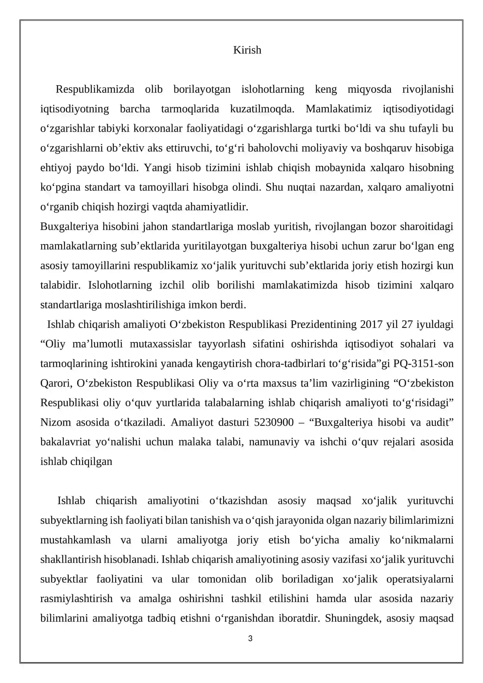 BUXGALTERIYA HISOBI VA AUDIT” TA’LIM YO‘NALISHI BO‘YICHA ISHLAB CHIQARISH AMALIYOTI H I S O B O T I 3
