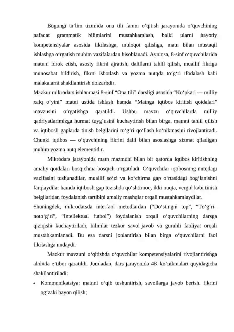 8-SINF ONA TILI DARSLIGI ASOSIDA  “KO‘PKARI — MILLIY XALQ O‘YINI” MATNI USTIDA ISHLASH. MATNGA IQT 3