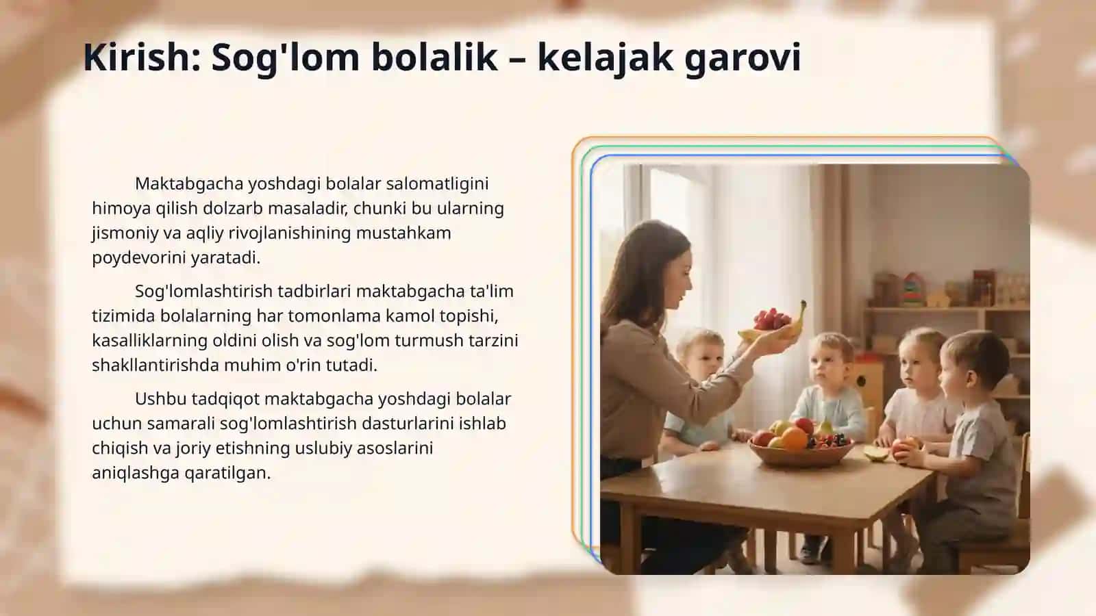 Maktabgacha yoshdagi bolalarning soğlomlashtrshga tadbrlarni tashkil etish 3