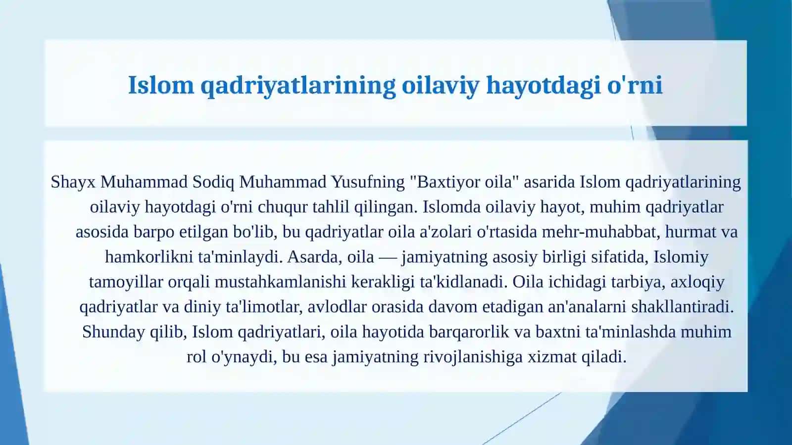 Shayx Muhammad Sodiq Muhammad Yusufning Baxtiyor oila asarida islom qadriyatlarining talqini 3