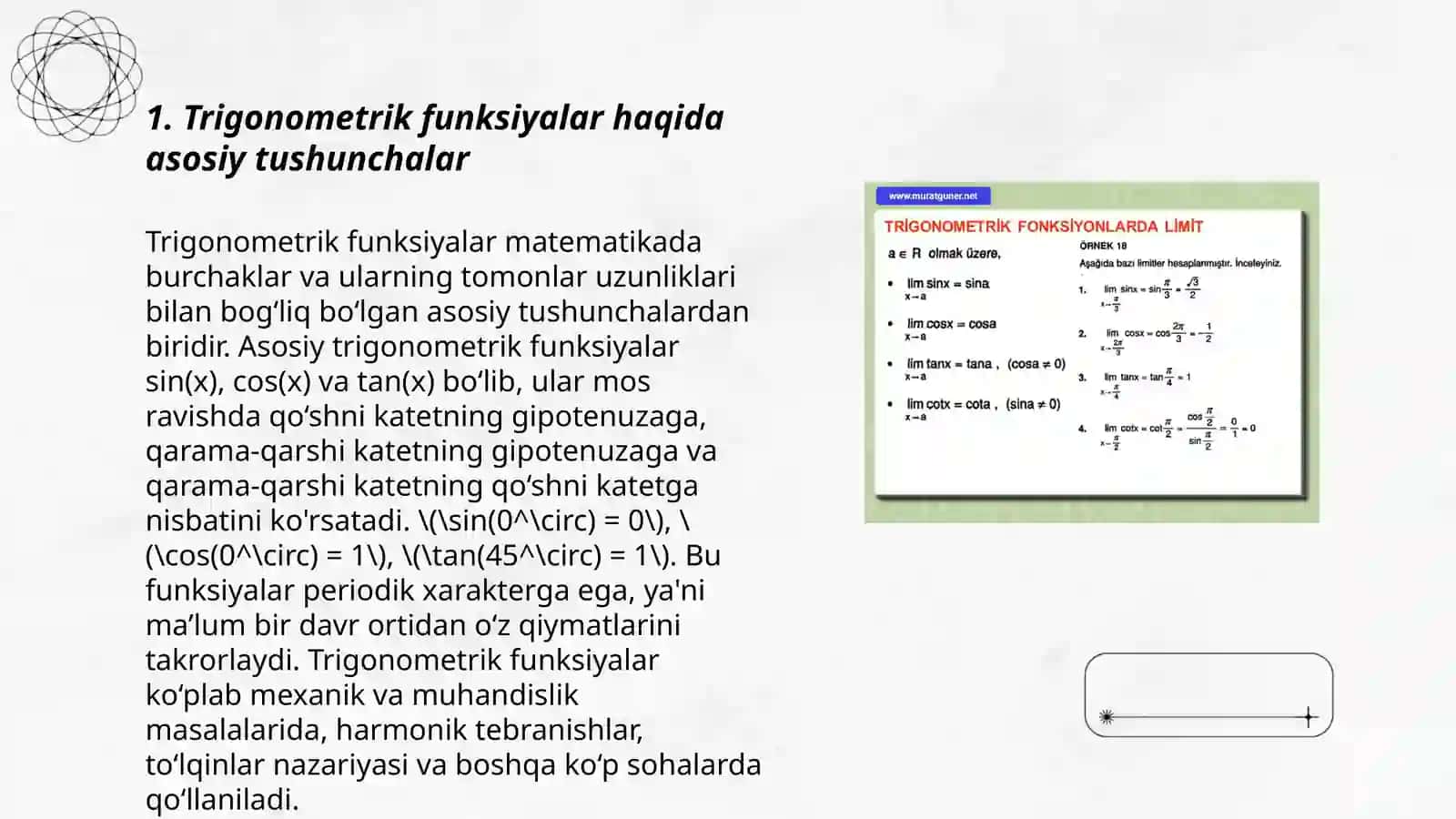 Oʻtkir burchaklarning trigonometrik qiymatlari bilan tanishish 3