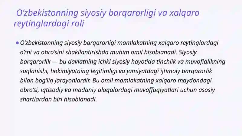 YANGI O’ZBEKISTON IJTIMOIYSIYOSIY,IQTISODIY   VA MADANIY HAYOTIDA RO’Y BERAYOTGAN O’ZGARISHLARNING XALQARO REYTING VA INDEKSLARDA AKS ETISHI 3