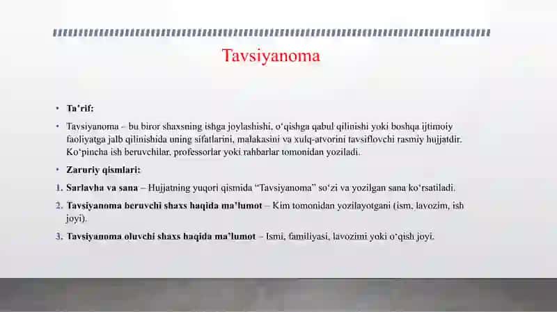 TAVSIYANOMA VA TAVSIFNOMA, ULARNING ZARURIY QISMLARI 3