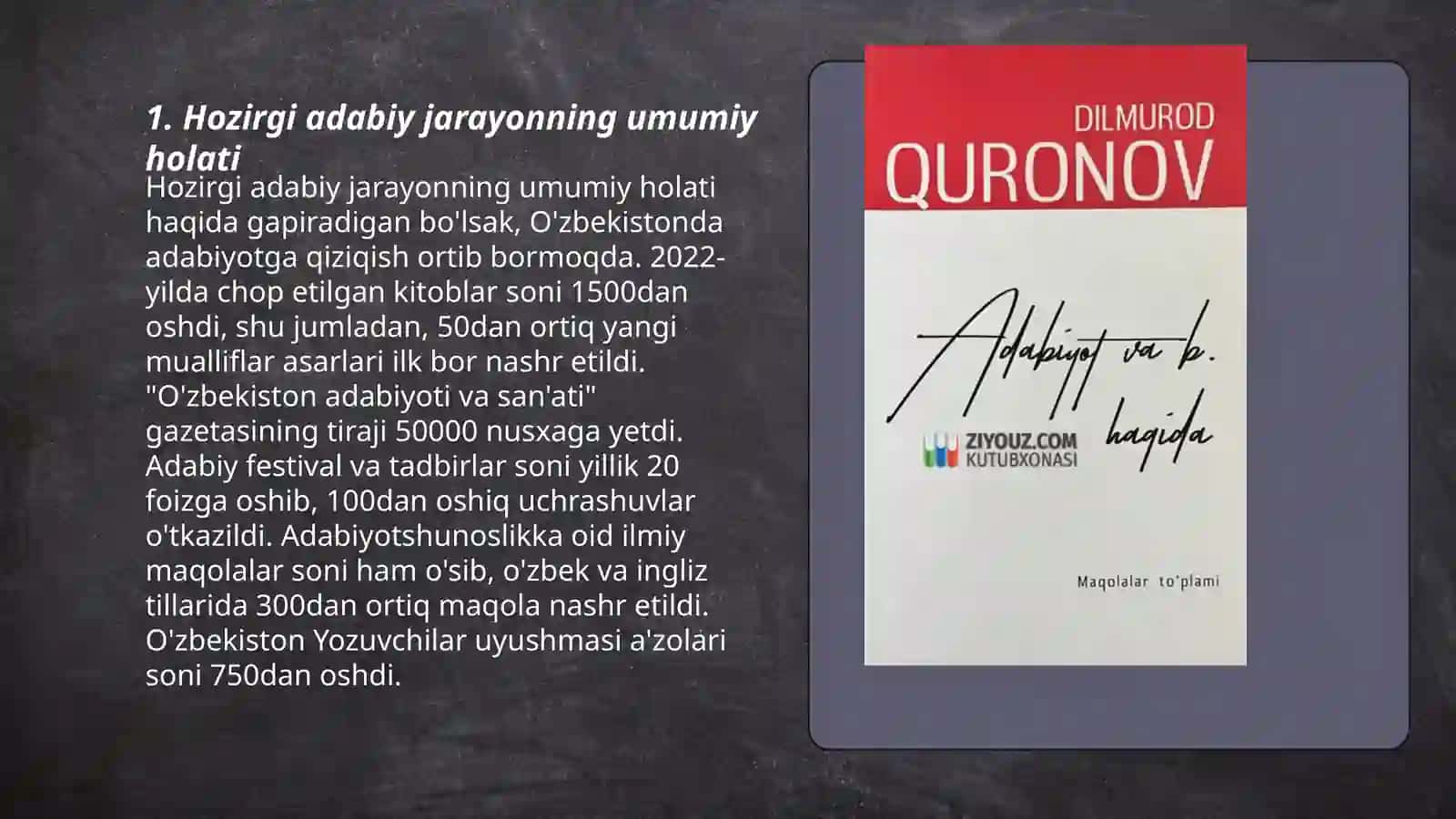 D.Quronovning "Adabiy jarayonda mom sindirom" asaridagi hozirgi adabiy jarayon to'g'risidagi slayt 3