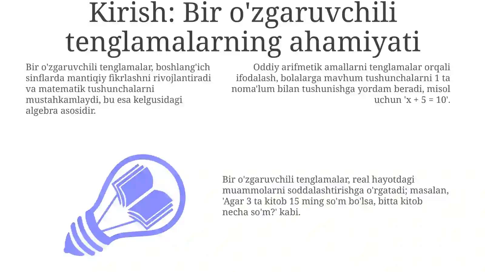 Bir O'zgaruvchili Tenglamalar Orqali Murakkab Masalalarni Yechish: Asosiy Tushunchalar 3