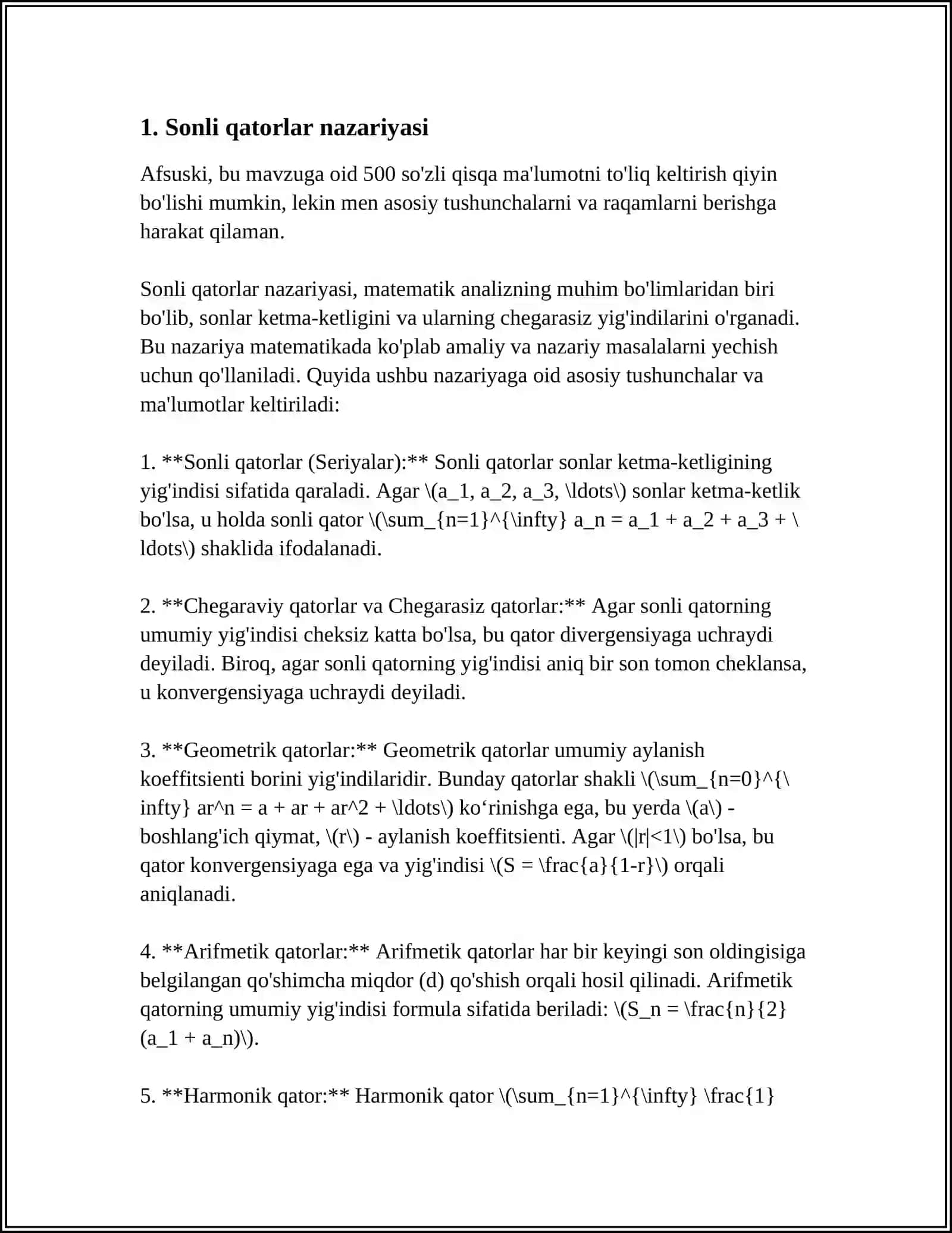 QATОRLAR. QATОRLAR. SОNLI QATОRLARNING YAQINLASHISH ALОMATLARI. SОLISHTIRISH, DALAMBЕR, KОSHI, KОSHINING INTЕGRAL ALОMATLARI.LЕYBNITS QATОRI. SHARTLI VA ABSОLYUT YAQINLASHISH 3