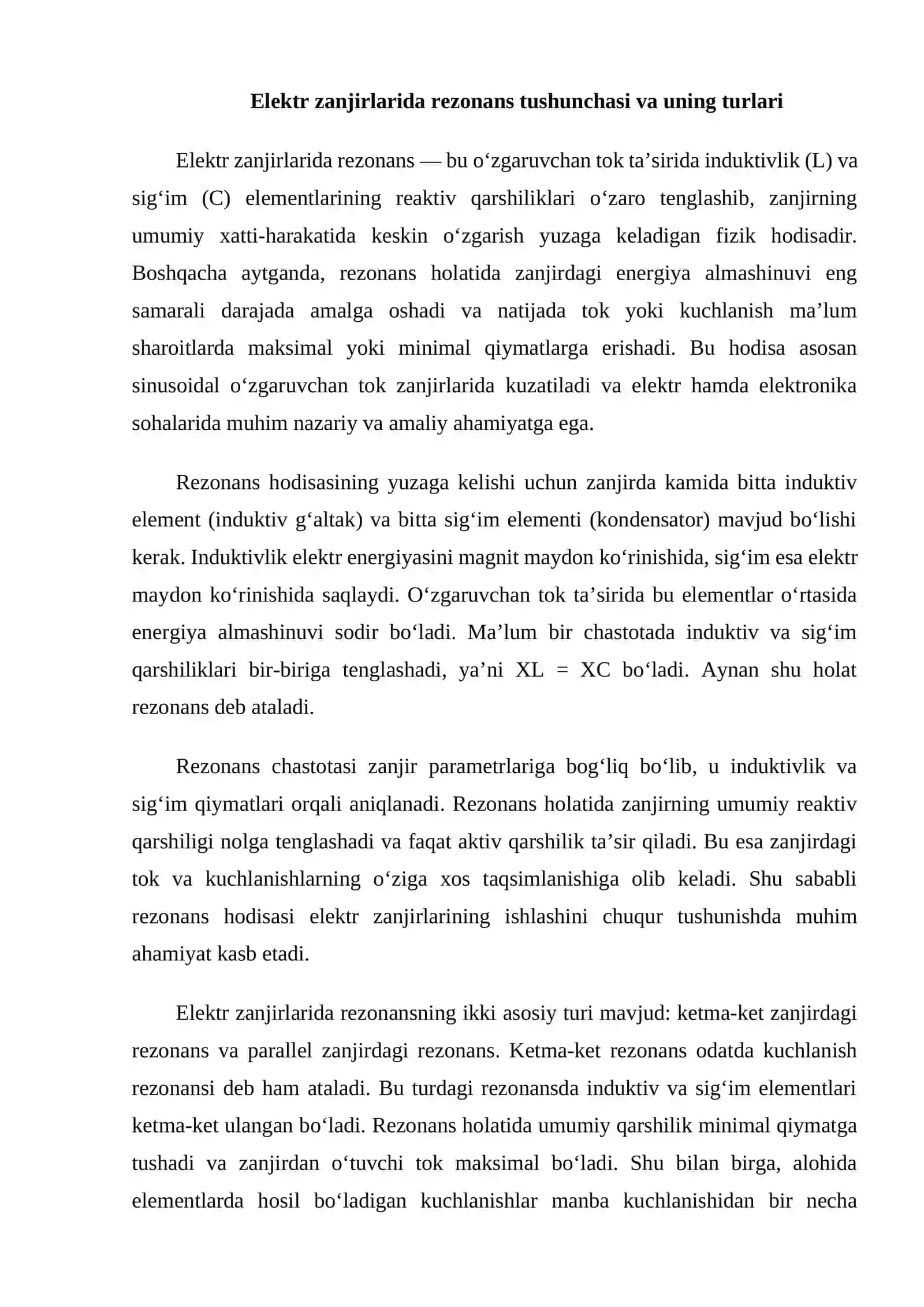 Elektr zanjirlarida rezonans, tok va kuchlanishlar rezonansi. Rezonansning texnikadagi ahamiyati 3