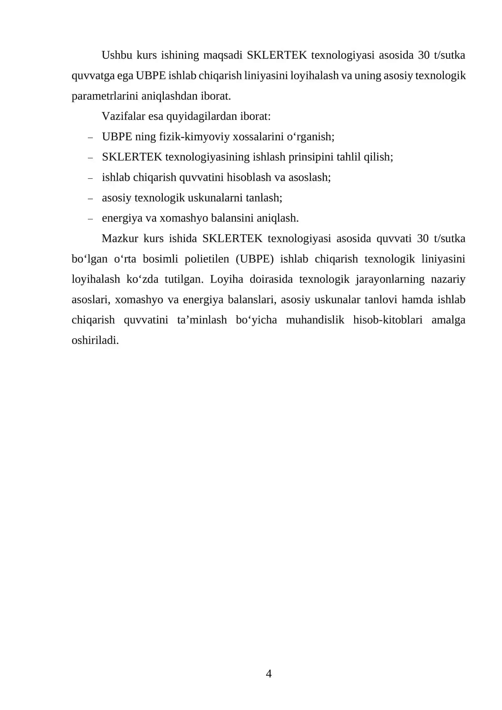SKLERTEK texnologiyasi boʻyicha quvvati 30 t/sutka boʻlgan oʻrta bosimli polietilen (UBPE) ishlab chiqarish texnologik liniyasini loyihalash 3