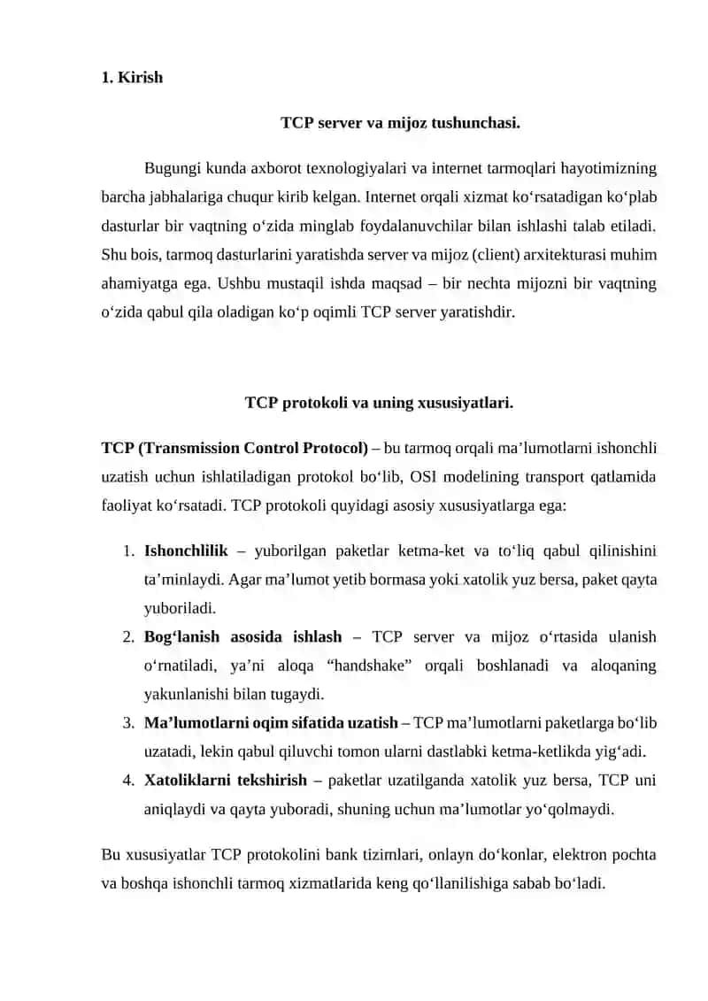 Bir nechta kliyentlarni qabul qiluvchi ko‘p oqimli TCP server yaratish. 3