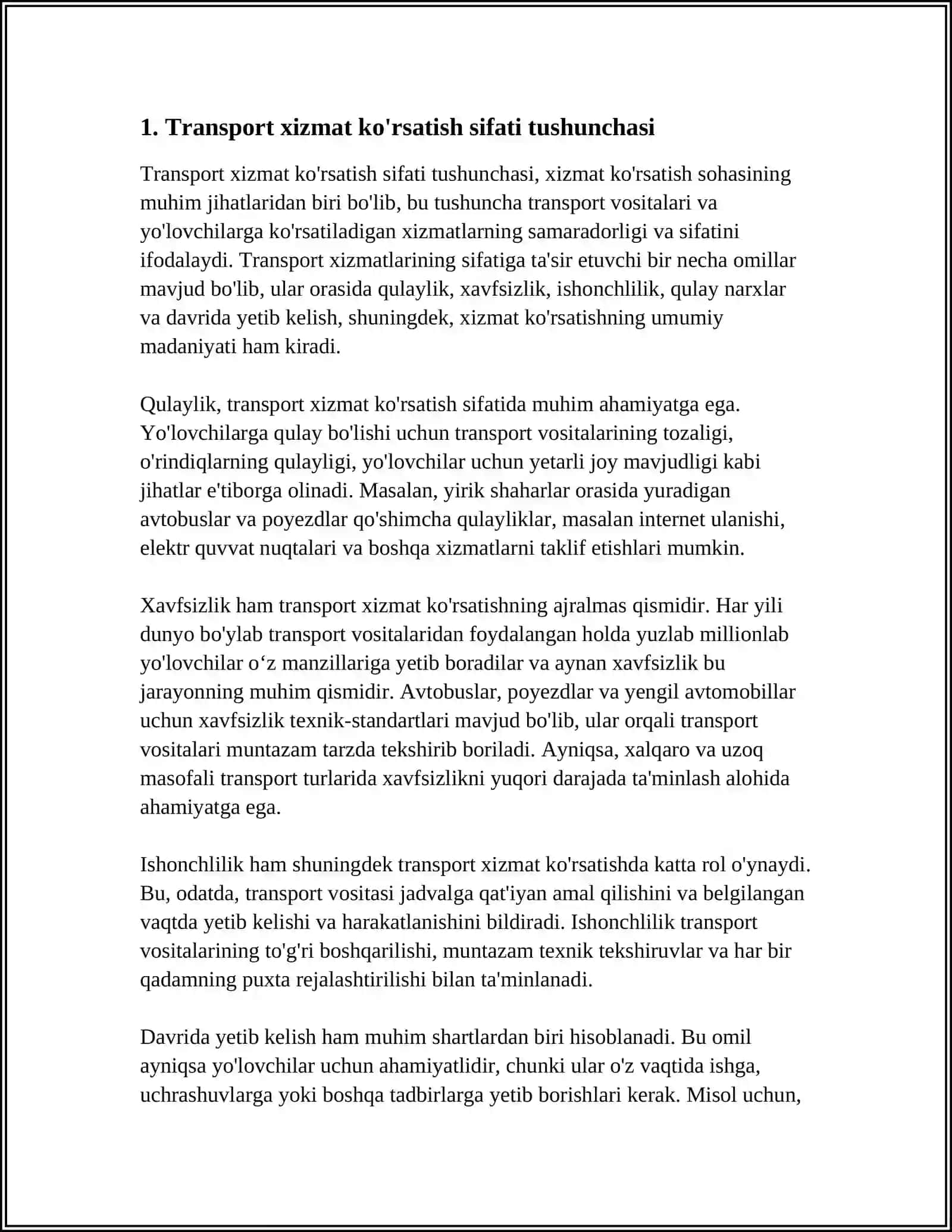 YUK EGALARIGA TRANSPORT XIZMAT KOʻRSATISHNING SIFAT KOʻRSATKICHLARI 3