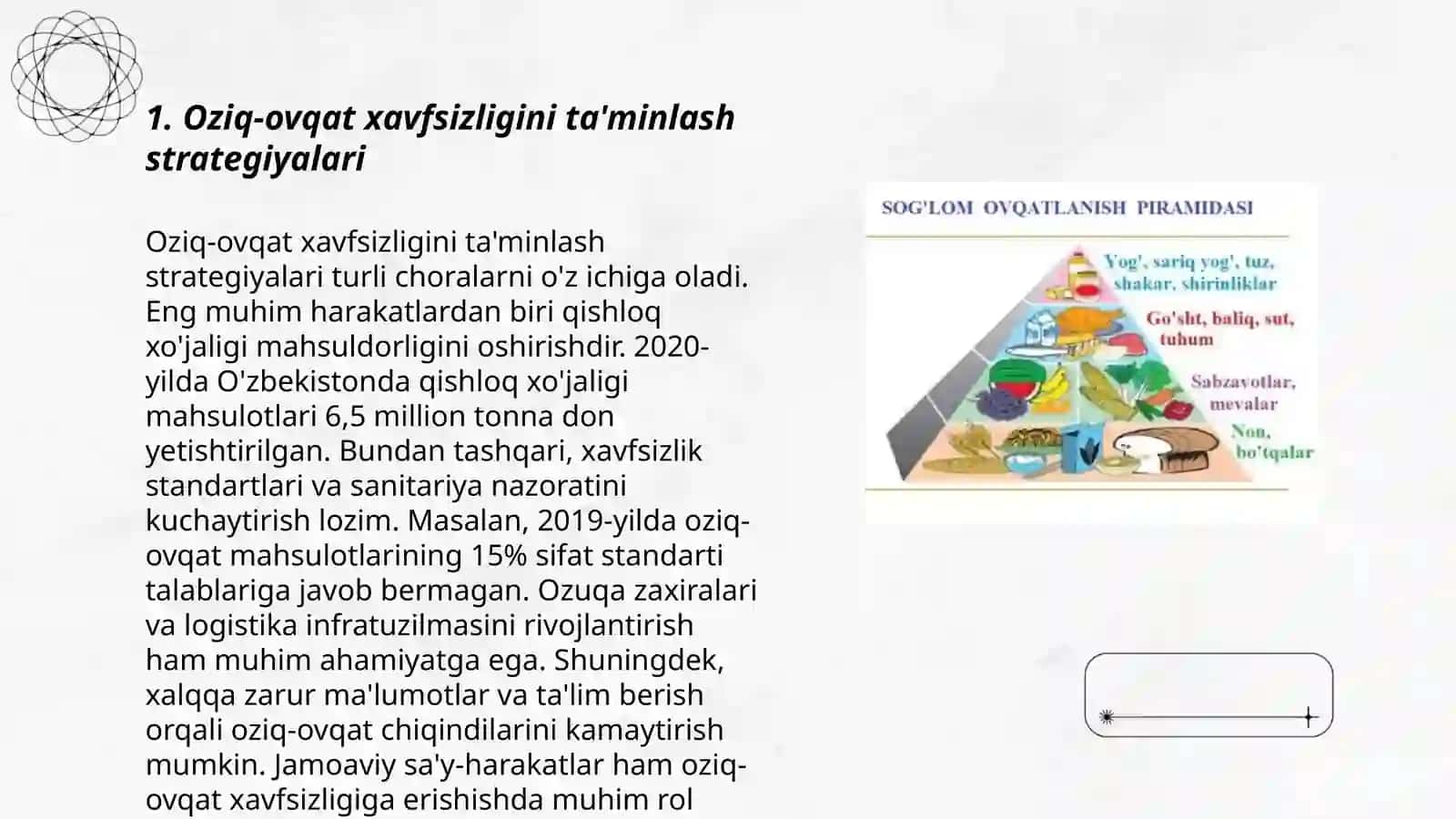 Oziq-ovqat xavfsizligini mustahkamlash, ovqatlanish ratsionini yaxshilash hamda qishloq xo'jaligining barqaror rivojlanishiga ko'maklashish 3