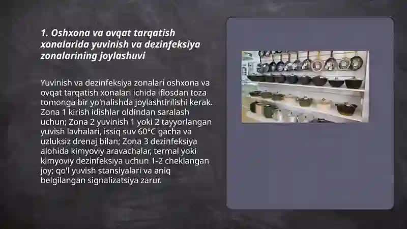 Oshxona va ovqat tarqatish xonasini jihozlanishi idish tovoqlarni yuvish va dizinfektsiya qilish 3
