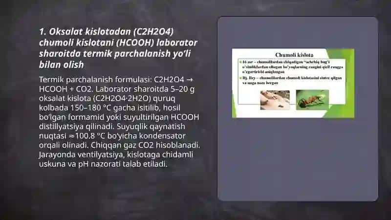Chumoli kislotaning oksalat kislotadan olinishi, sirka kislotaning dissotsiyalanishi va olinishi 3