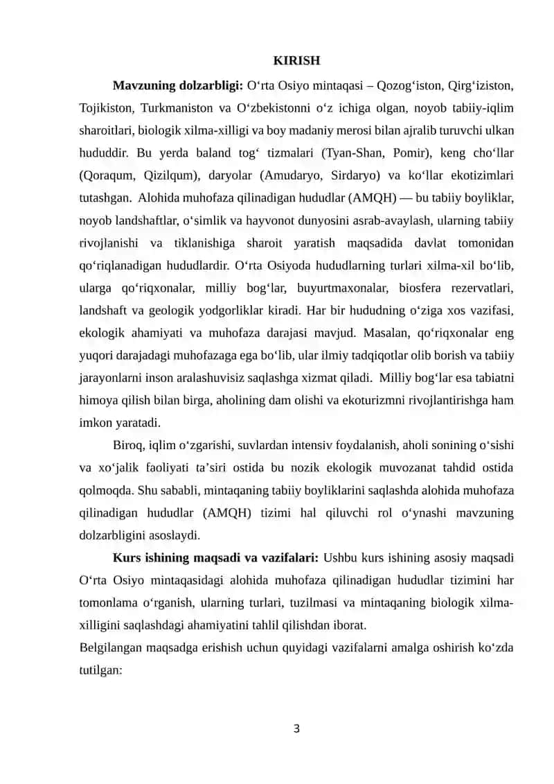 O‘rta Osiyodagi alohida muhofaza qilinadigan hududlar va ularga tavsif 3