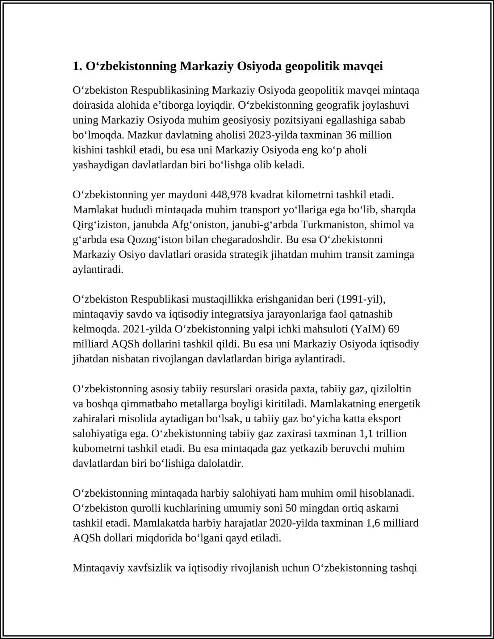 OʻZBEKISTONNING MARKAZIY OSIYODA TINCHLIK VA BARQARORLIKNI TAMINLASHDAGI OʻRNI 3