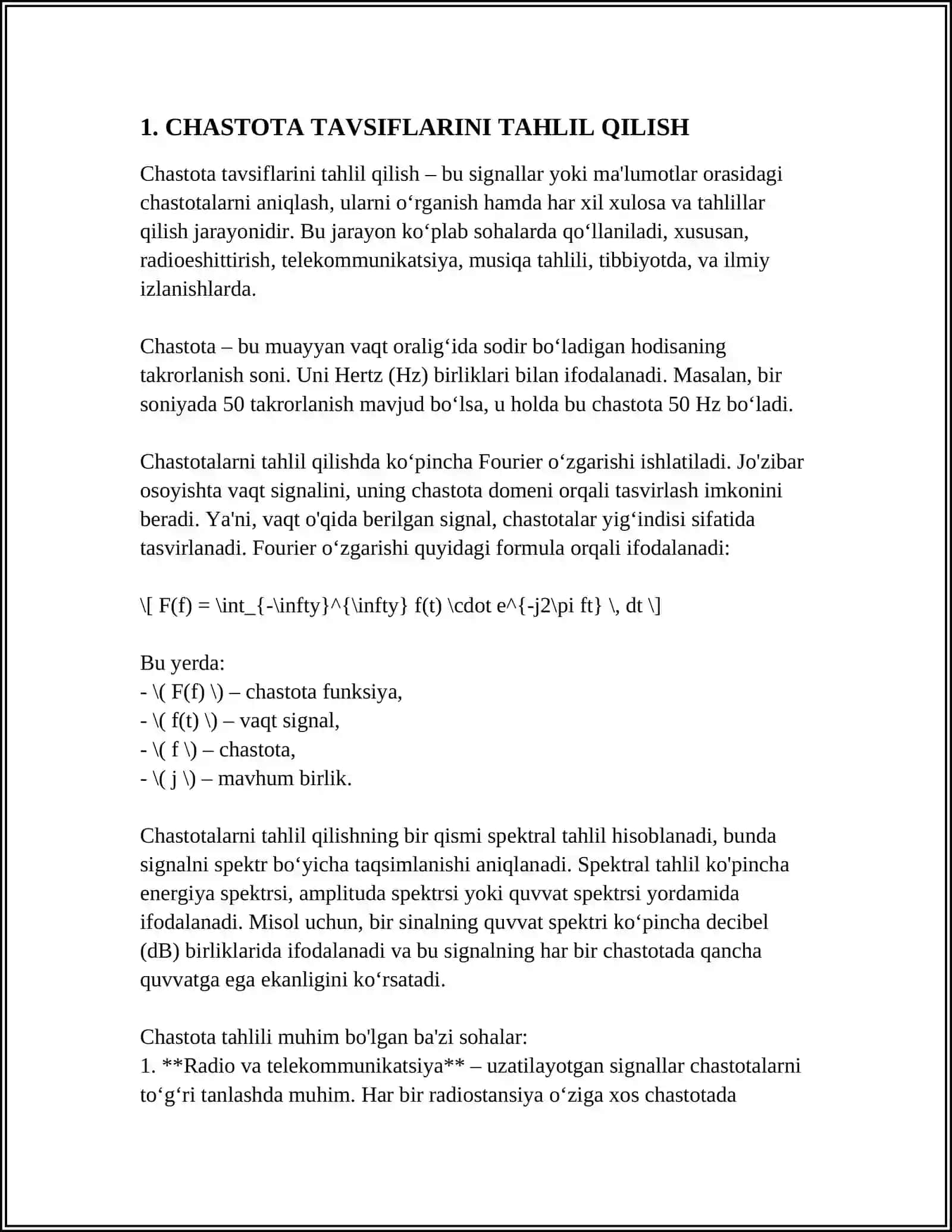 CHASTOTA TAVSIFLARI YORDAMIDA O'TISH JARAYONINI QURISH 3