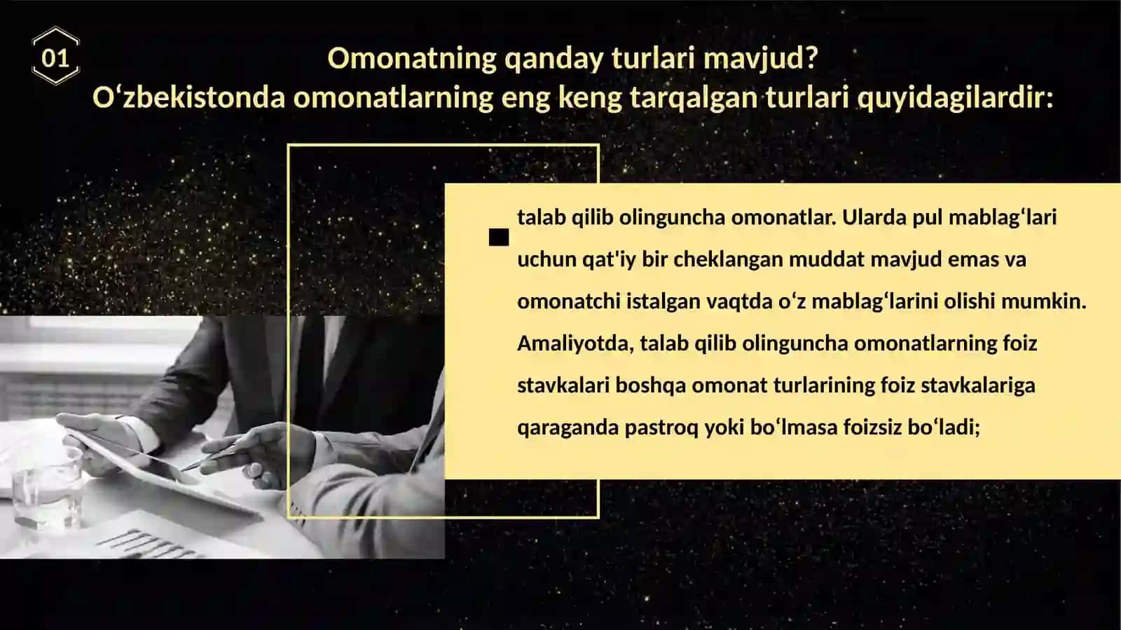 Omonat - bu pul mablag‘larini bankka ma'lum bir muddatga foizlarga yoki foizsiz joylashtirish talab qilib olinguncha omonatlar 3