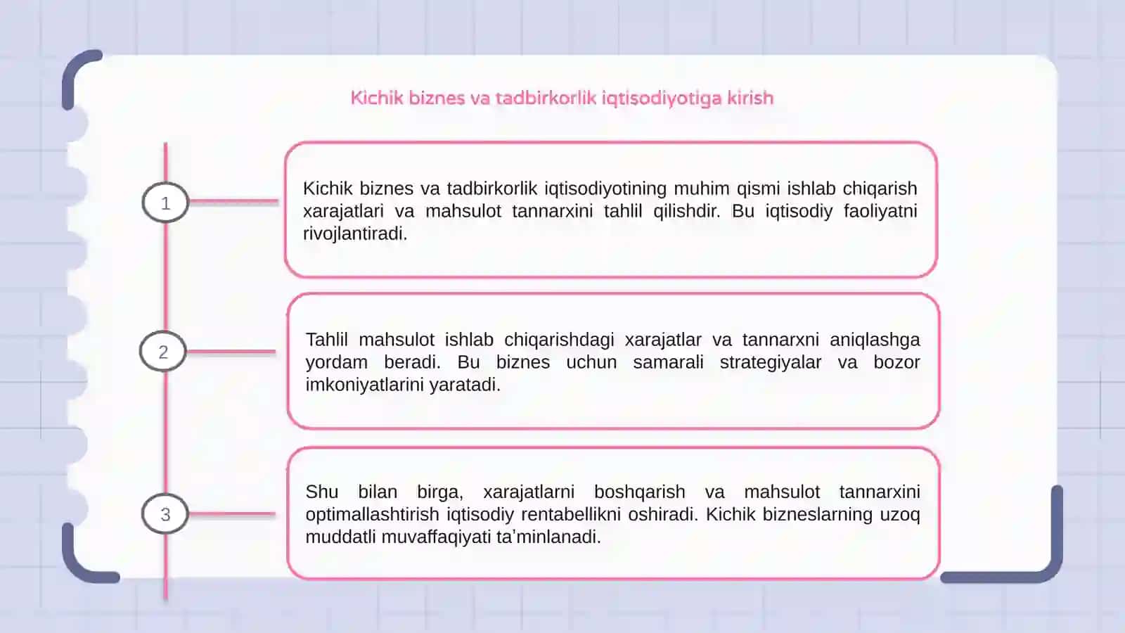 Kichik biznes va tadbirkorlik iqtisodiyoti subʼektlariga ishlab chiqarish xarajatlari va mahsulot tannarxi tahlili 3