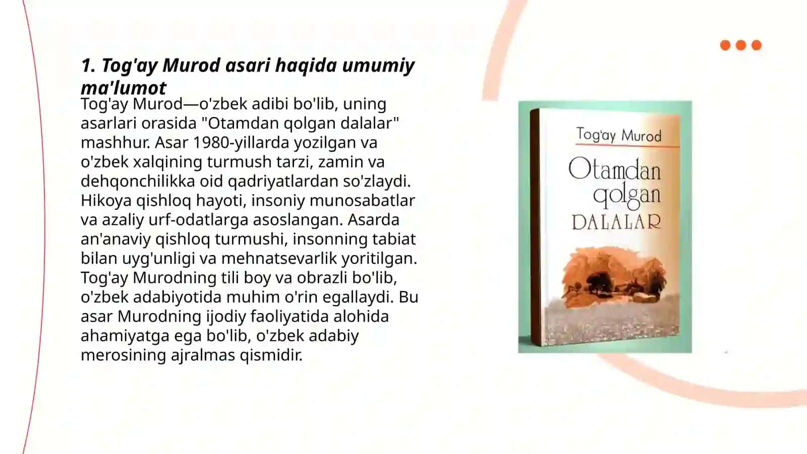 Tog'ay Murodning "Otamdan qolgan dalalar" romani 3
