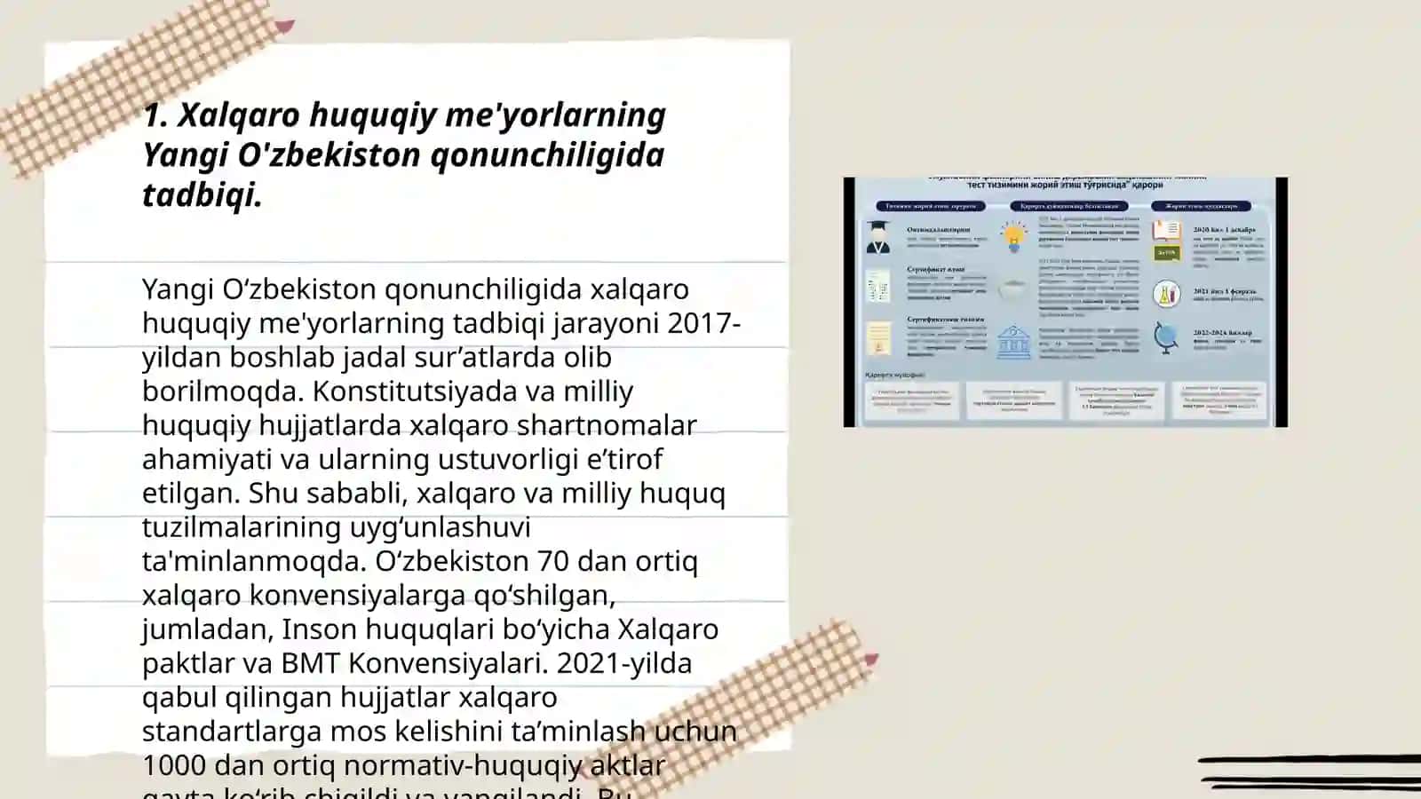 Xalqaro xuquqiy meʼyorlar uygʻunlashuvi Yangi Oʻzbekiston isloxotlarida 3