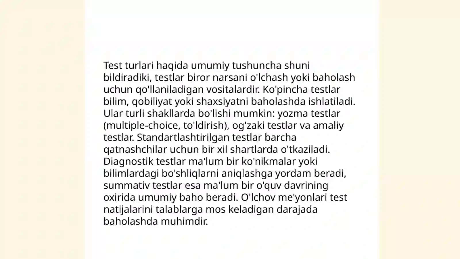 Test, testlarning turlari bòyicha tavsiyalar tayyorlash 3