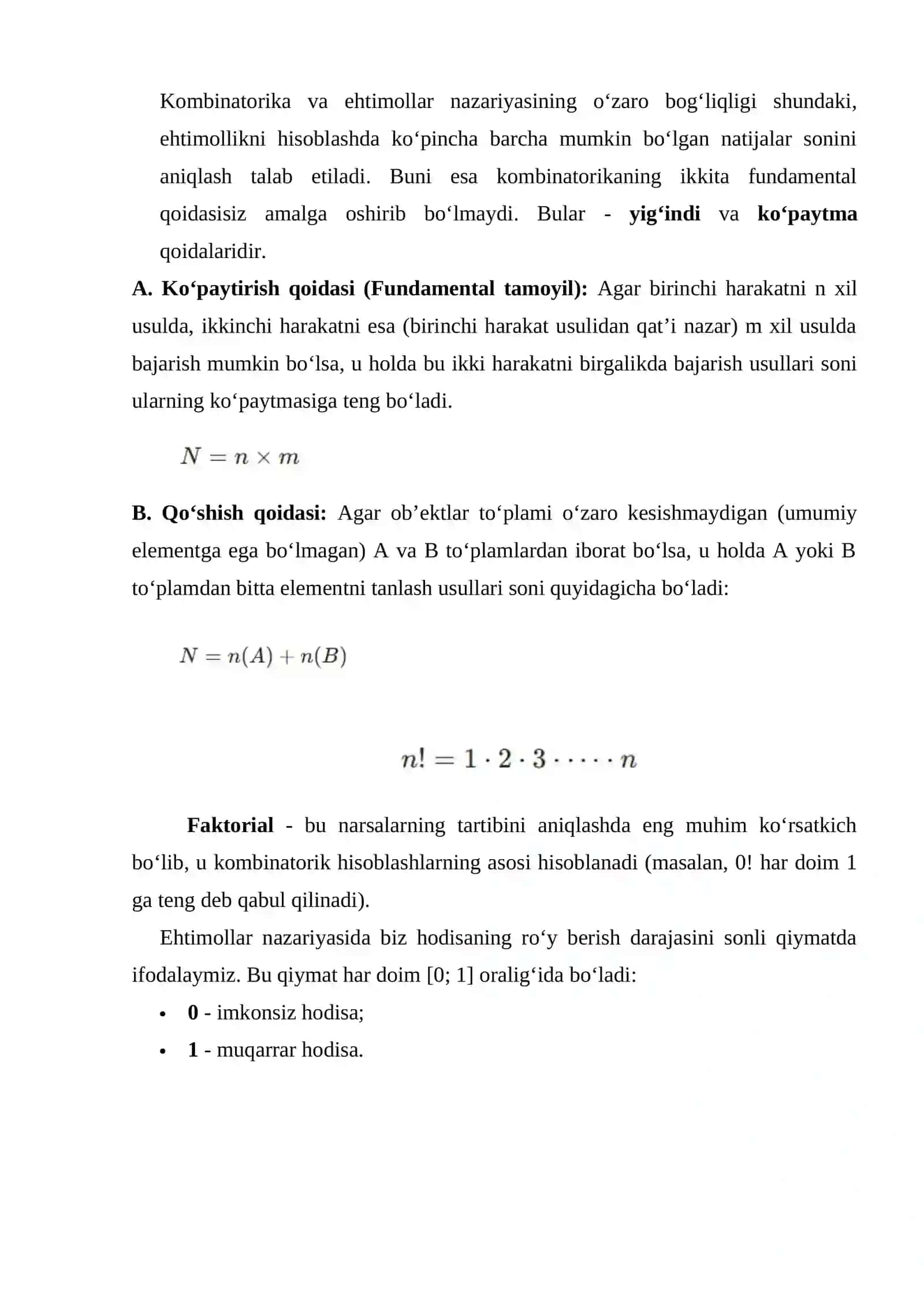 Kombinatorikaning asosiy qoidalari. O‘rinlashtirishlar, o‘rin almashtirishlar, gruppalash. Tasodifiy hodisalar va ehtimolning turli ta'riflari 3