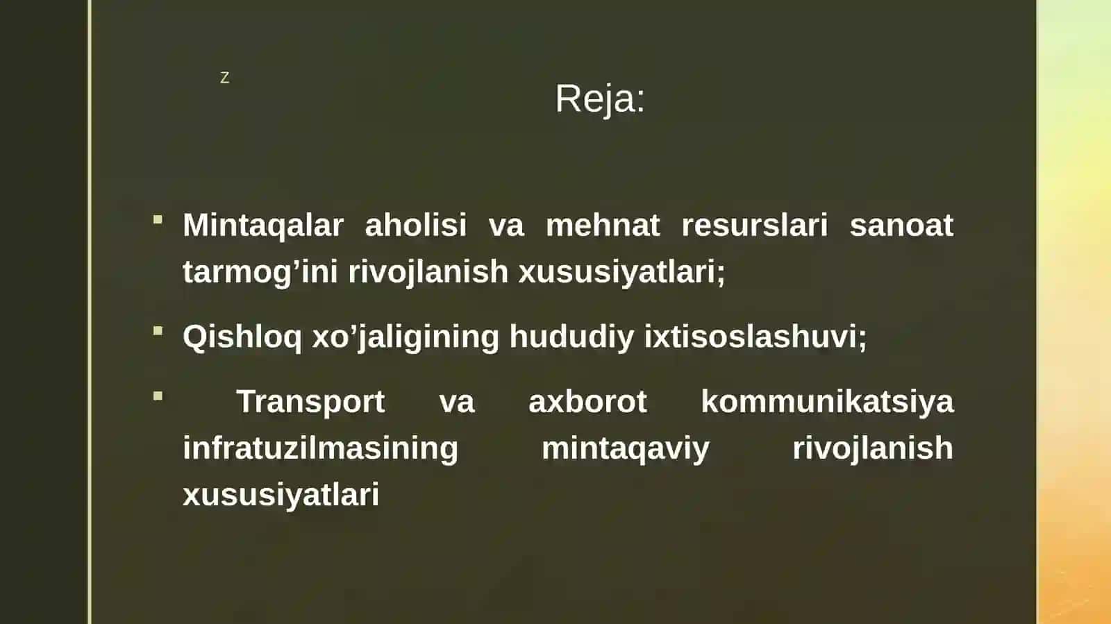 2-mavzu.Mintаqаlаrаhоlisivаmеhnаtrеsurslаrisаnоаttаrmоg’inirivоjlаnishxususiyatlаri;Qishlоqxo’jаligininghududiyixtisоslаshuvi;Trаnsportvааxbоrоtkоmmunikаtsiyainfrаtuzilmаsiningmintаqаviyrivojlаnishxususiyatlari 3