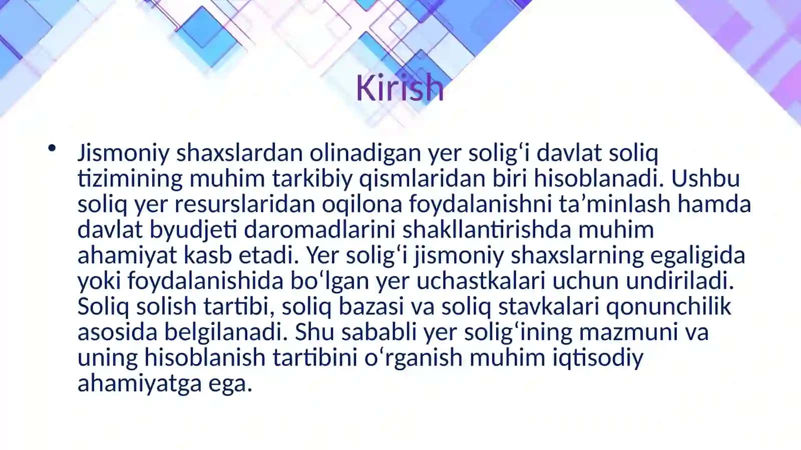 Jismoniy shaxslardan olinadigan yer soligʻi soliq toʻlovchilar,soliq solish obektining va soliq bazasi. 3