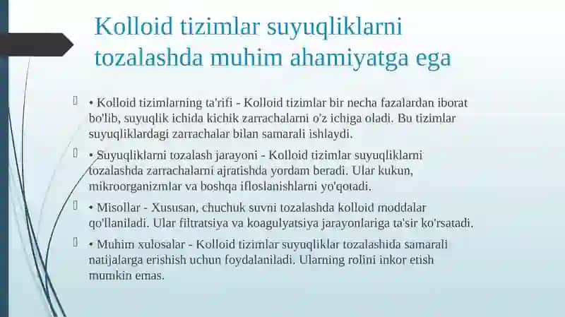 Kolloid sistemlalarni dializ yoʻli bilantozalash.Gemodializni oʻtkazishda kimyoning ahamiyati 3