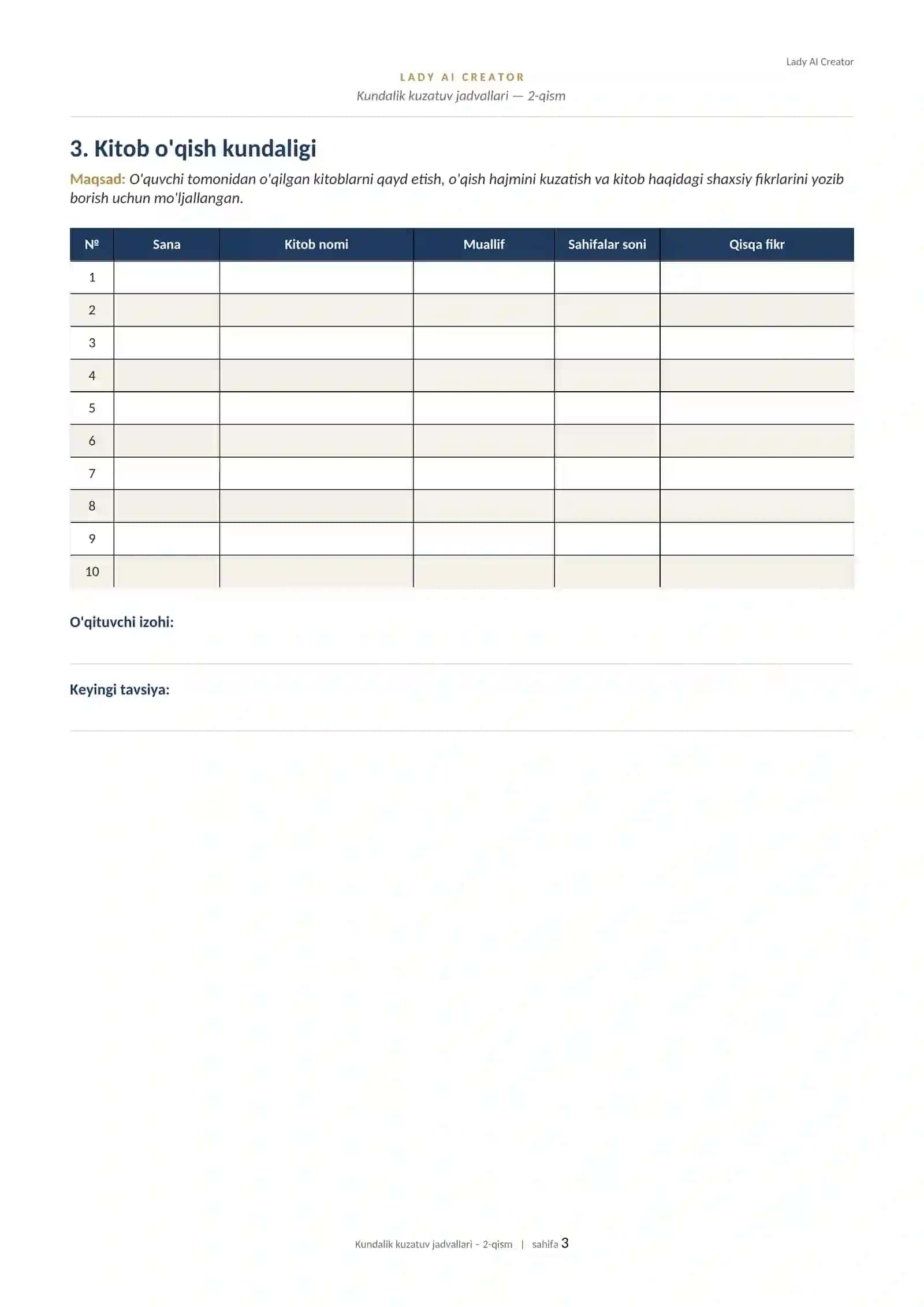 Kundalik kuzatuv jadvallari — 2-qism | O'qituvchilar va ota-onalar uchun (10 ta printable jadval) 3
