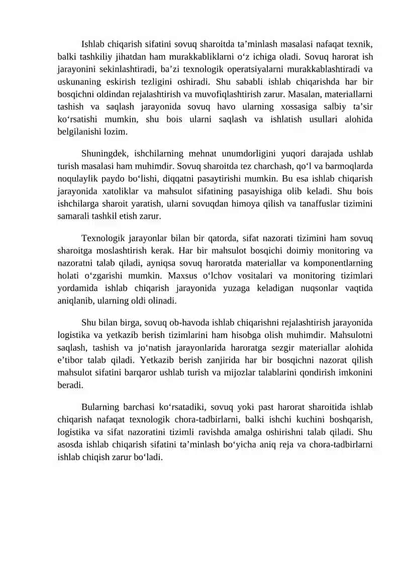 Past yoki sovuq ob-havo sharoitlarda ishlab chiqarish sifatini ta’minlashning o’ziga xos xususiyatlari 3