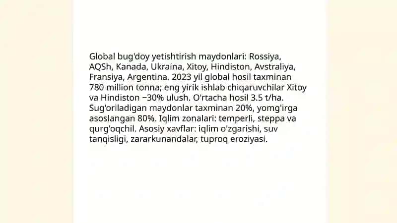 Jahon bo'yicha asosiy qishloq xo'jaligi mahsulotlarini yetishtirish kartasini chizish va tahlil qilish 3