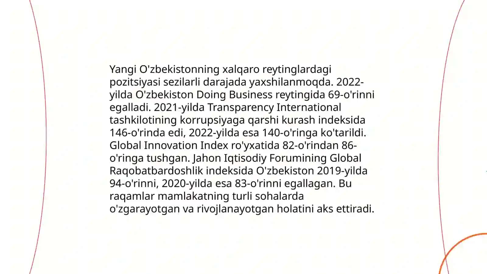 Yangi O'zbekiston ijtimoiy-siyosiy, iqtisodiy va madaniy hayotida ro'y berayotgan o'zgarishlarning xalqaro reyting va indeksda aks etishi 3