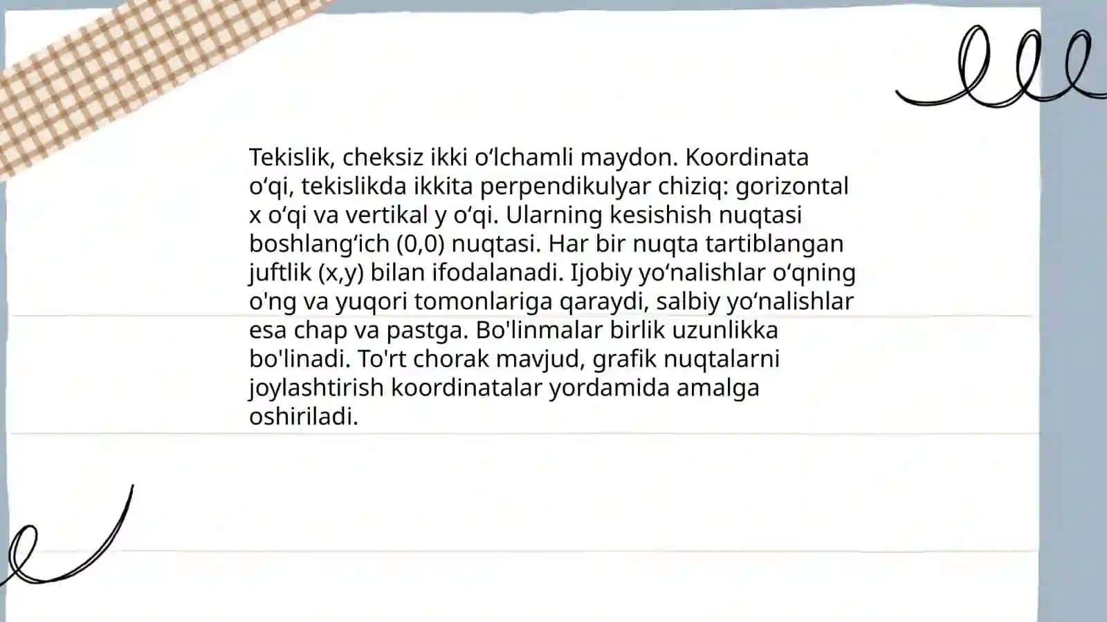 Matematikaga ixtisoslashtirilgan boshlangʻich sinflarda tekislikdagi koordinata oʼqi 3
