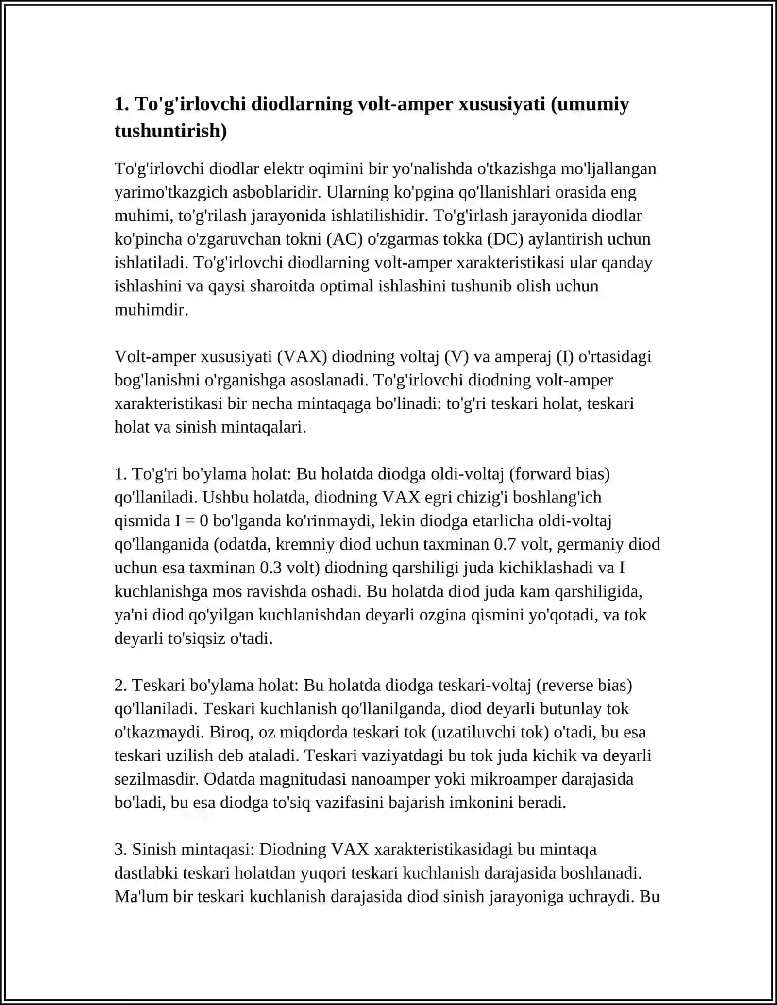 TO'G'IRLOVCHI DIODLAR VOLT-AMPER XARAKTERISTIKALARI 3