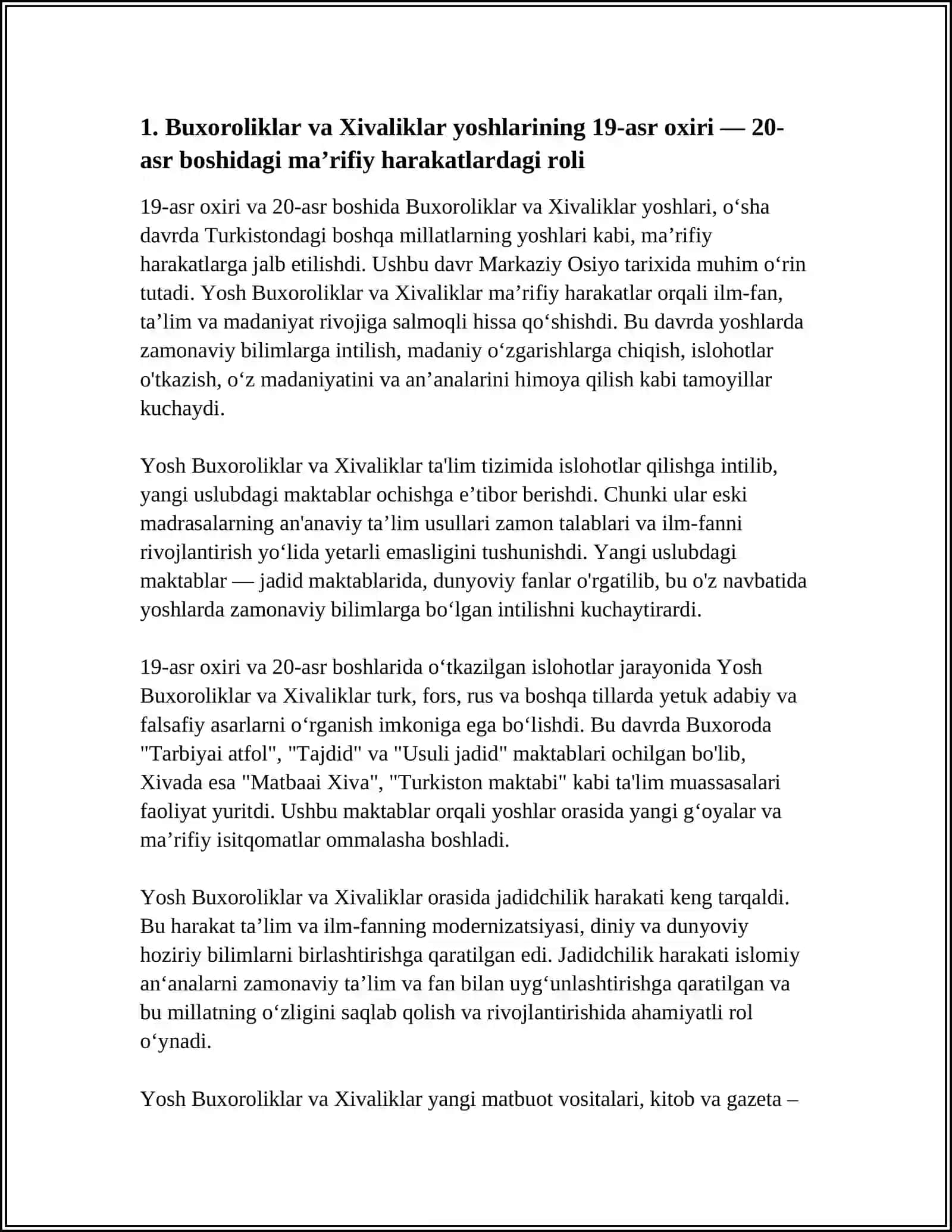 YOSH BUXOROLIKLAR VA XIVALIKLAR FAOLIYATI. TARIX FANIDAN LOYIHA ISHI 3